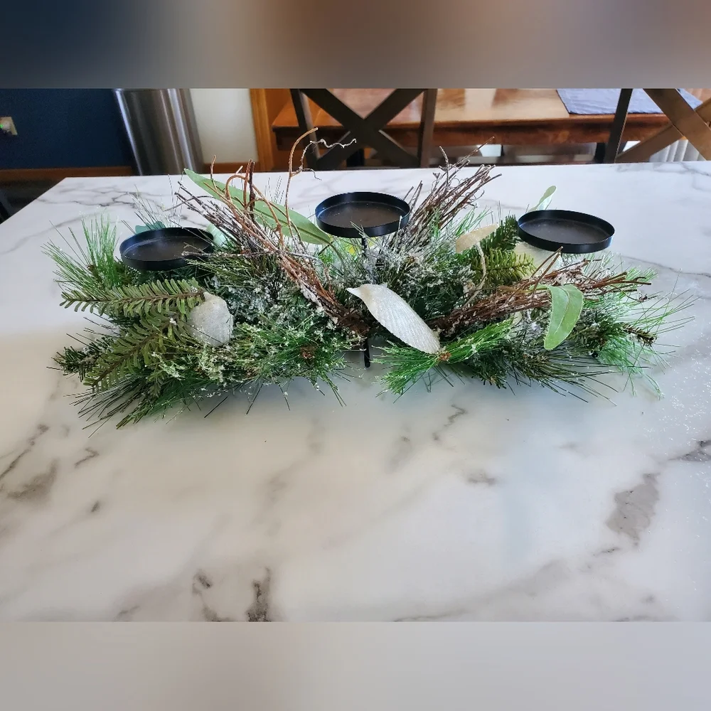 Frosted Pine Triple Candle Holder with Starfish & Sea Shells